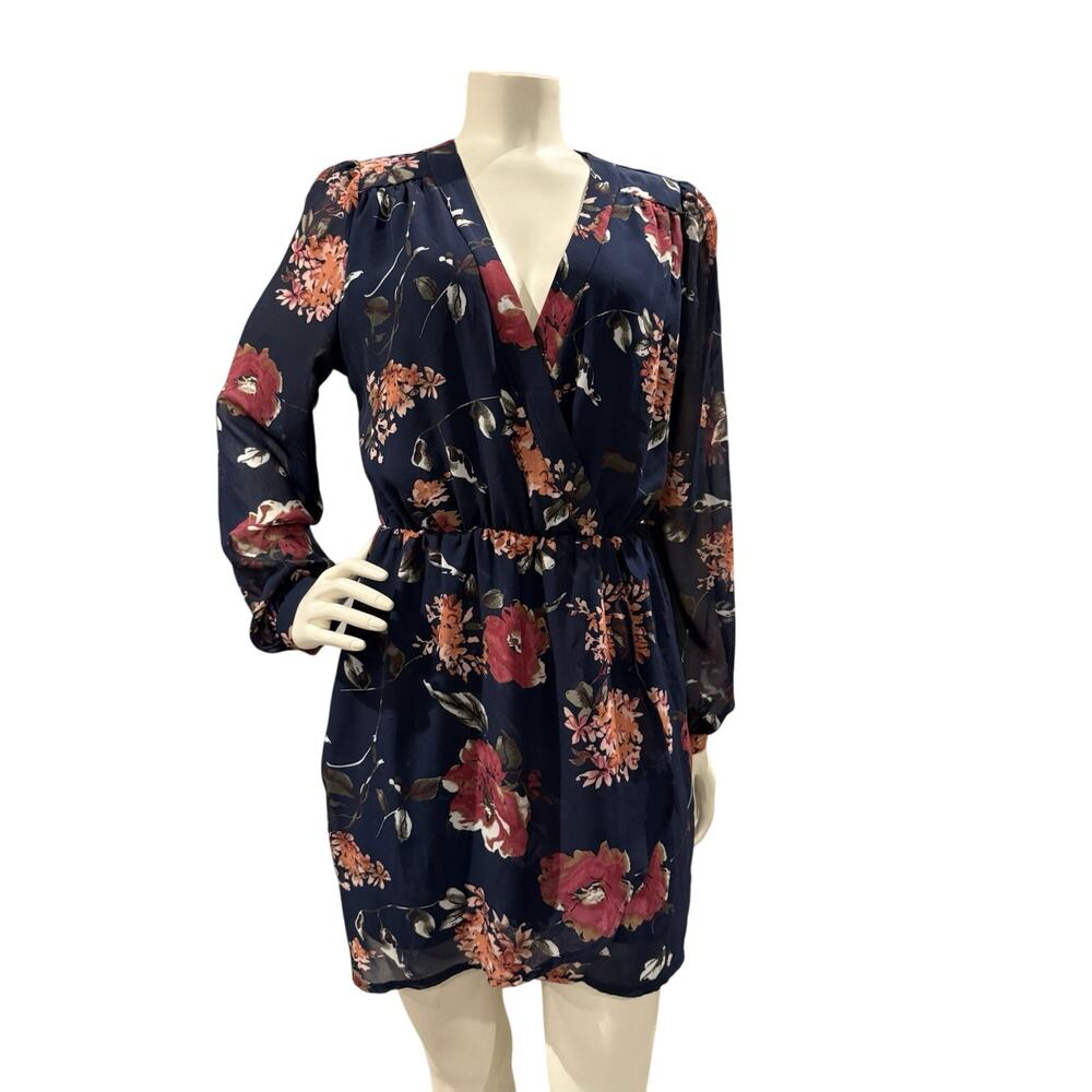 Lulus Pretty Pretender Navy Floral Faux Wrap Mini Dress Size Small Classic